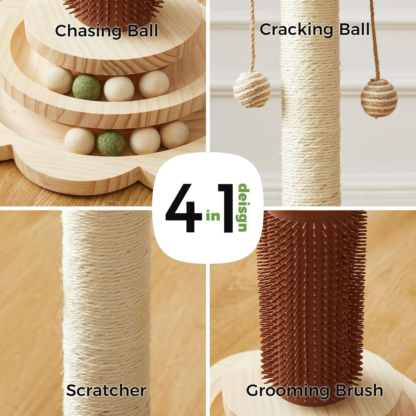 Cat Sisal Scratching Post, 4 in 1 Wooden Cat Scratcher Toy with Groomer, 24" Tall Scratch Post with 2-Layer Interactive Track Balls, Cat Climbing Tree with 2 Hanging Balls for Kittens