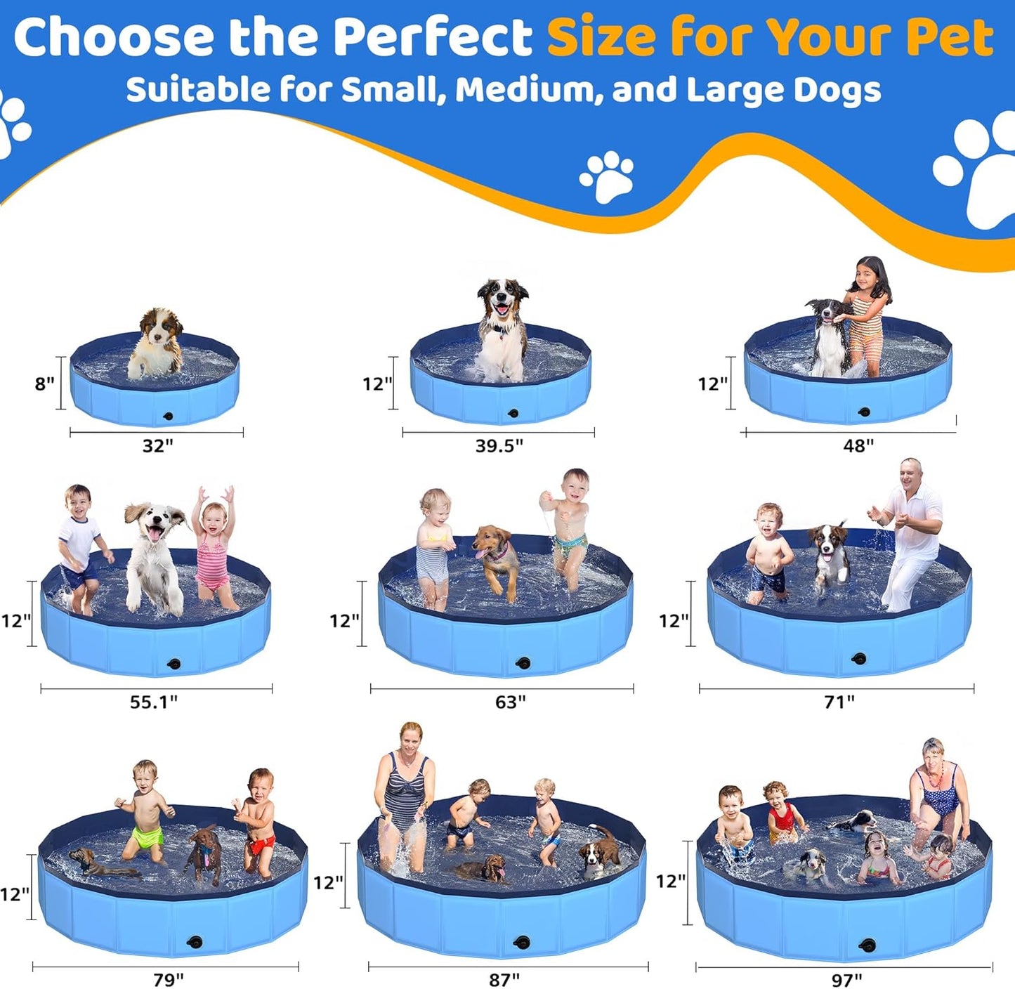 63" x 12" Foldable Dog Pool - Collapsible Hard Plastic Kiddie Pool for Dogs & Kids, Non-Slip Pet Bath Tub for Outdoor Backyard Use, Lightweight & Portable (Blue)