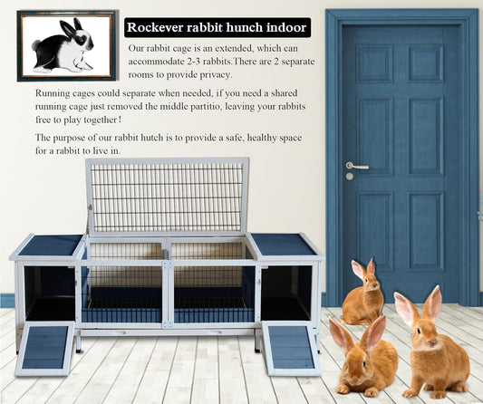 Rabbit Hutch Indoor Leakproof Bunny Cage Fir WoodenOutdoor Bunny House with Wire Floor Leakproof Plastic Tray (Blue)