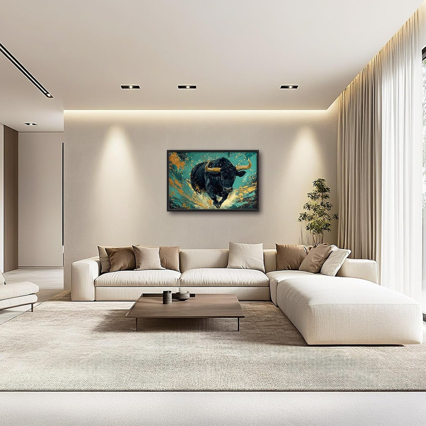 Large Bison Buffalo Wall Art for Living Room, Framed Oversized Bull Wall Decor, Abstract Teal and Golden Canvas Painting Modern Artwork for Living Room Bedroom Office Dining Room 36"x24"