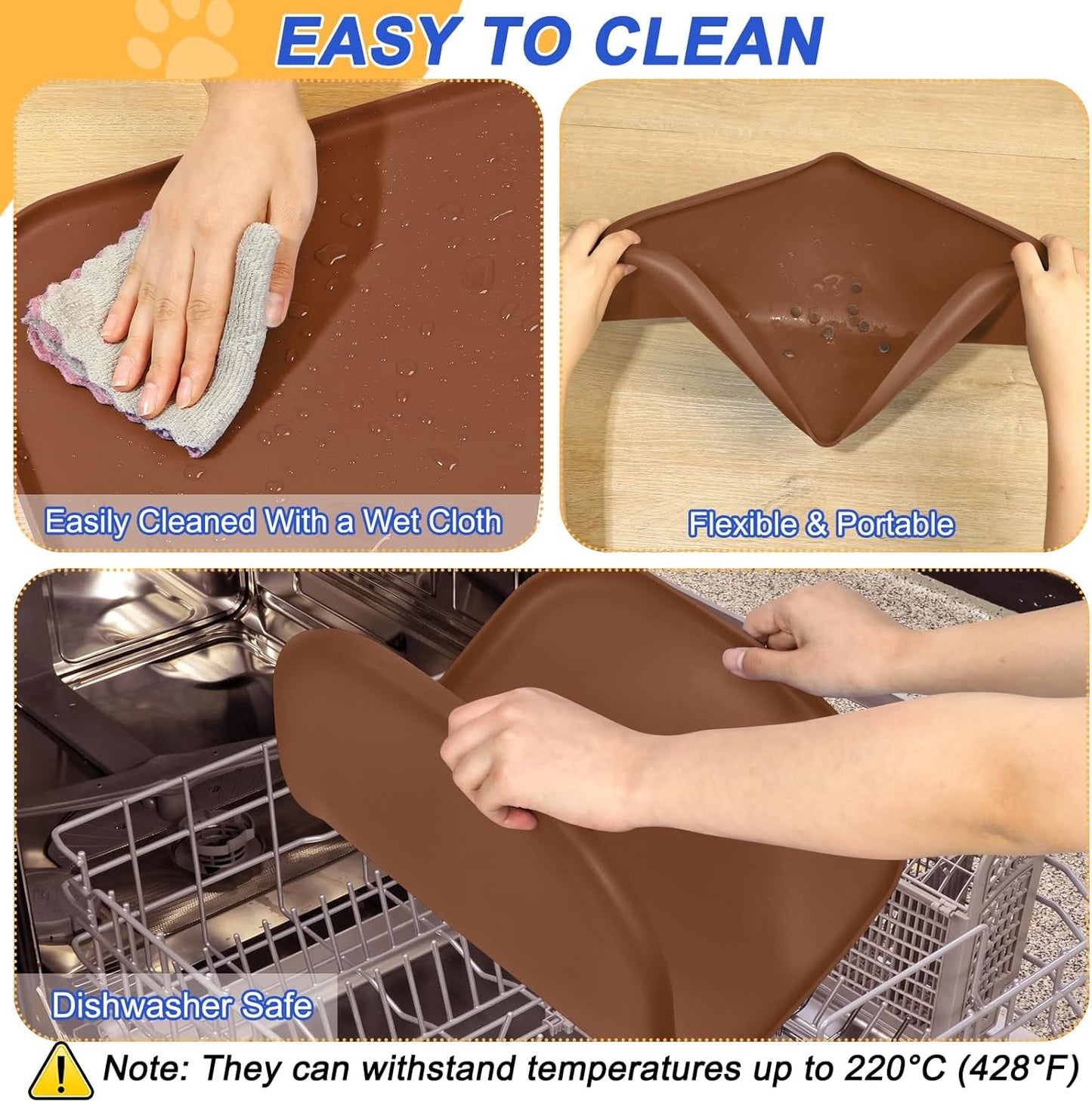 Silicone Pet Feeding Mat with Raised Edge for Food and Water, Dog Bowl Mats, Cat Bowls Placemat with High Lip for Floor Waterproof, Rubber Tray for Cats and Dogs 22 x 14 x0.8 Brown