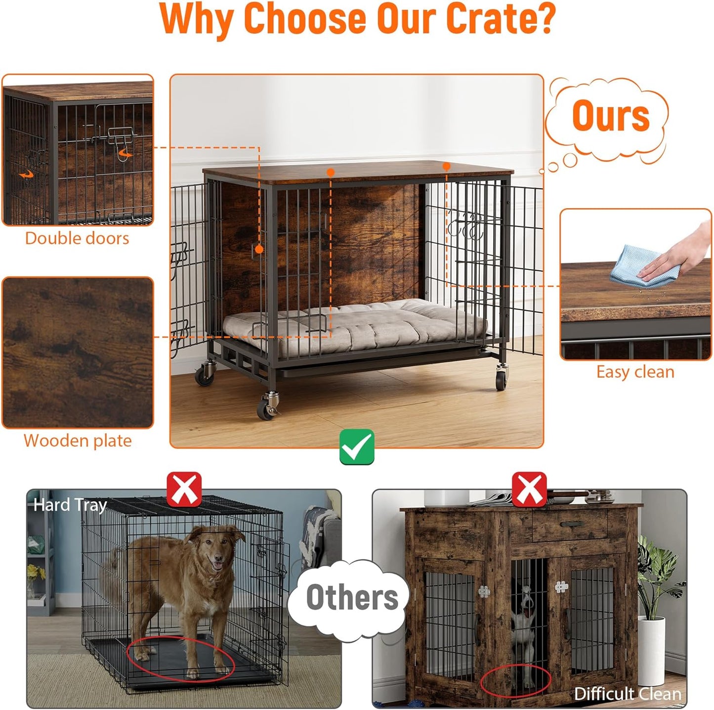 Dog Crate Furniture, 32.5" Wooden Dog Crate Furniture Side End Table, Indoor Kennel with Double Doors, Dog Crates for Medium Dogs, Rustic Brown