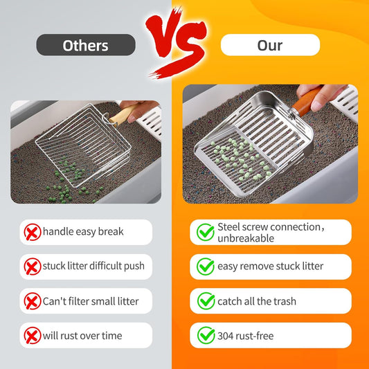304 Stainless Steel Cat Litter Scoop, One-Piece Pressed Design with No Weld Spots, Durable Anti-Break Handle, Dual Slot Sizes, Easy to Clean, Filters Small Litter Clumps Litter Scoop