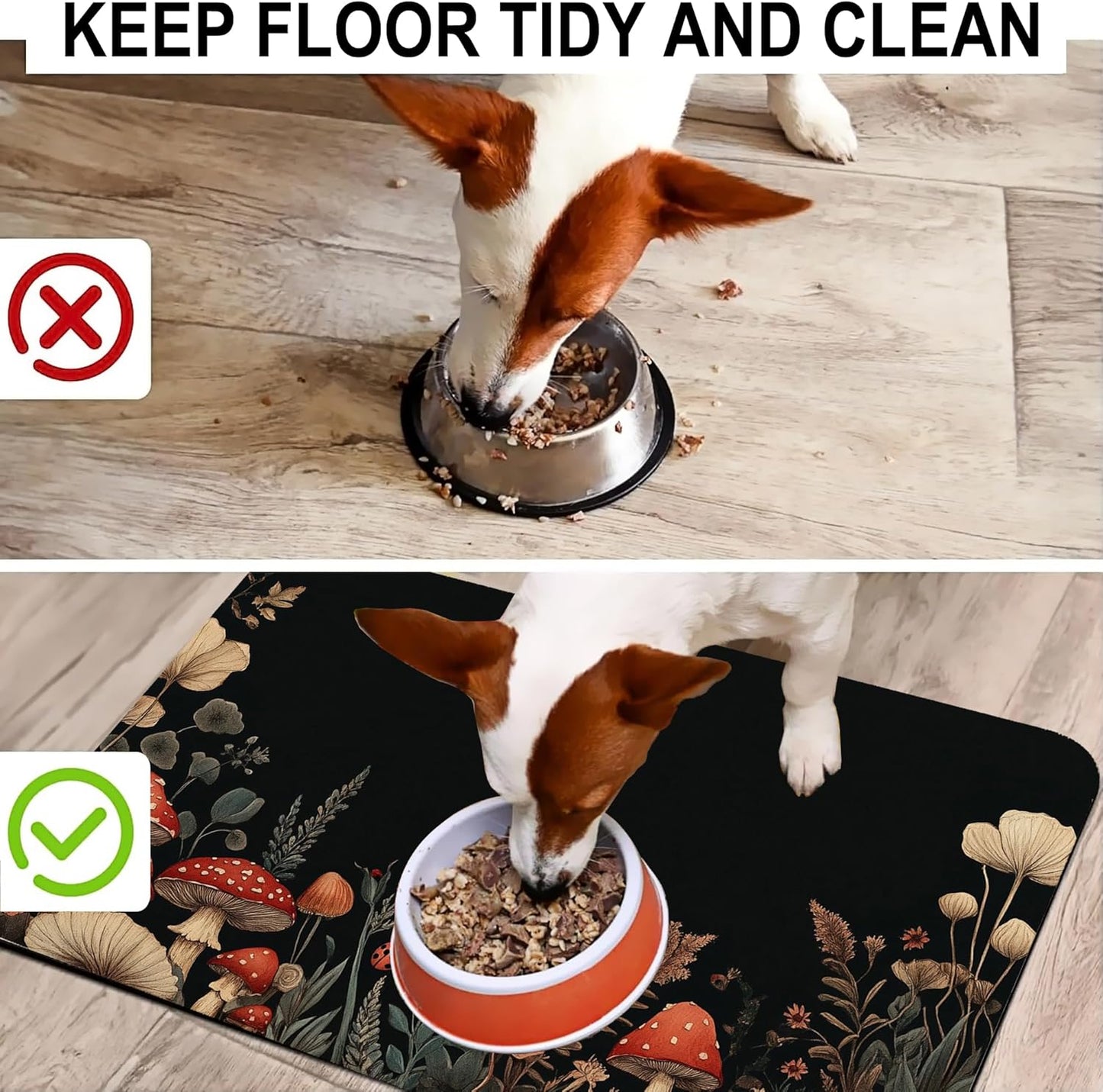 Vintage Mushroom Flower Pet Cat Dog Food Mat-Absorbent Quick Dry Feeding Placemat for Water and Food, No Stains Rubber Base Mat for Indoor Use, Pet Accessories 16"x24"