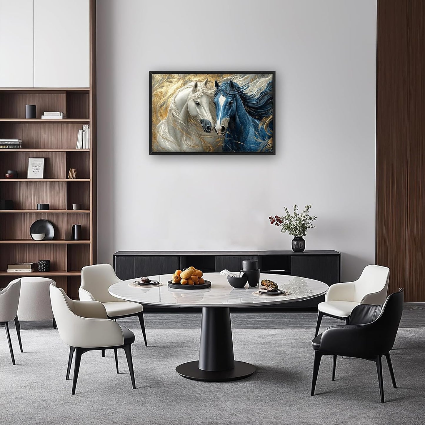 Framed Large Horse Wall Art for Living Room, Oversized Abstract Horses Wall Decor Blue and Golden Canvas Painting Animal Pictures Modern Artwork for Living Room Bedroom Office 36"x24"