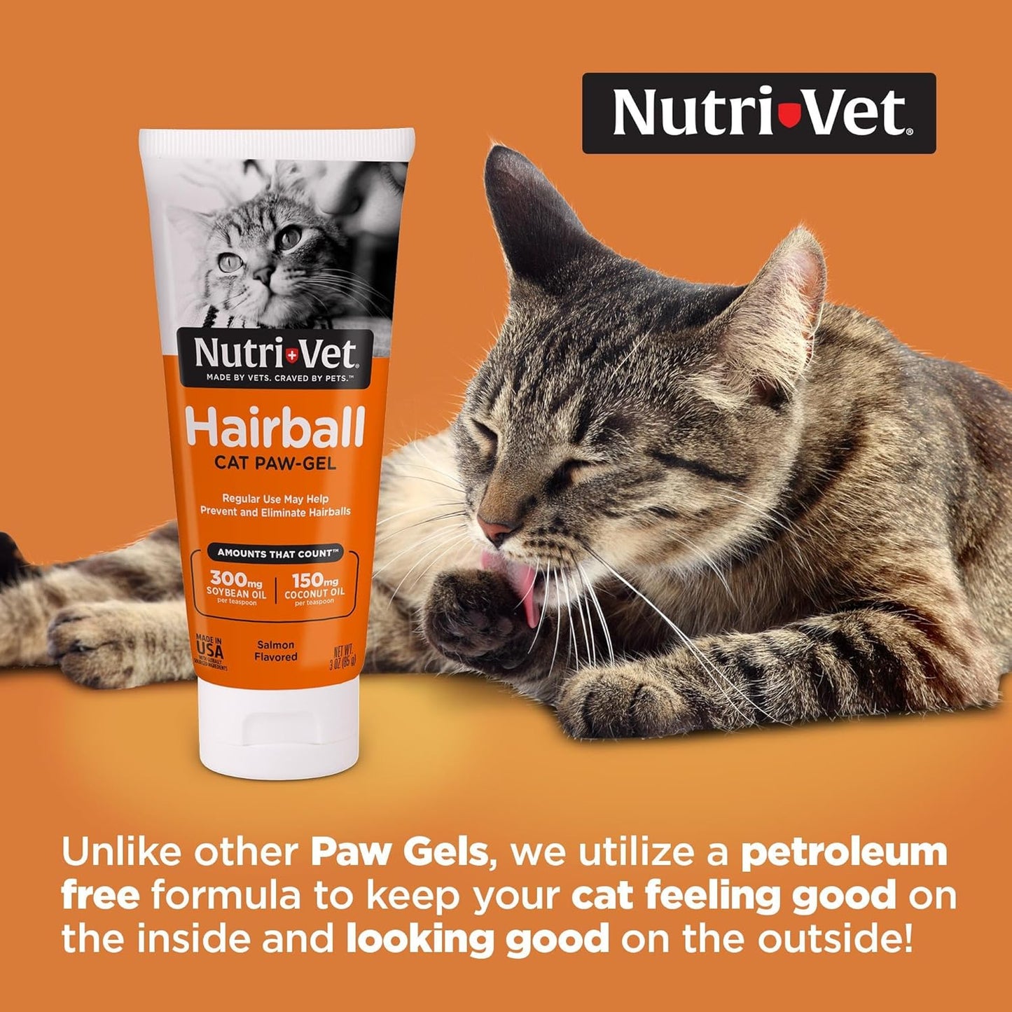 Nutri-Vet Hairball Paw Gel, Cat Hairball Remedy, Kitten Supplies, Hair Ball Relief for Cats, Fur Ball Remedy, Soybean & Coconut Oil, Salmon Flavor, 3 oz