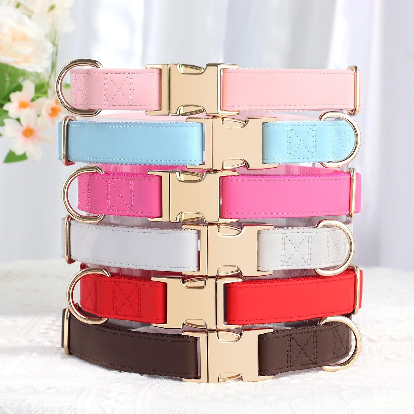 PET ARTIST Soft PU Leather Dog Collar, Bright & Classic Red Dog Collar with Quick Release Rose Metal Buckle, Adjustable Nylon Padded Durable Pet Collars for Medium Dogs Girl, Neck Fit 13-19"