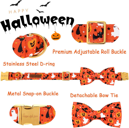 Unique style paws Halloween Dog Collar with Bow Tie Cotton Adjustable Puppy Collar for Small Medium Large Dogs-M