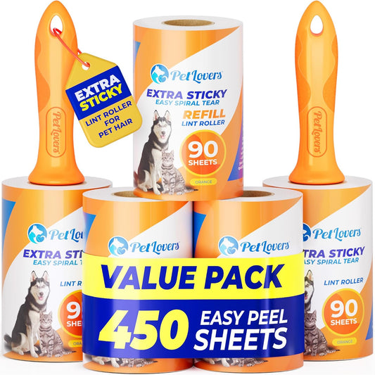PetLovers Extra Sticky Lint Roller Mega Value Set 450 Sheets for Pet Hair Removal and Clothes, Dog and Cat Lint Remover 5 Pack Orange