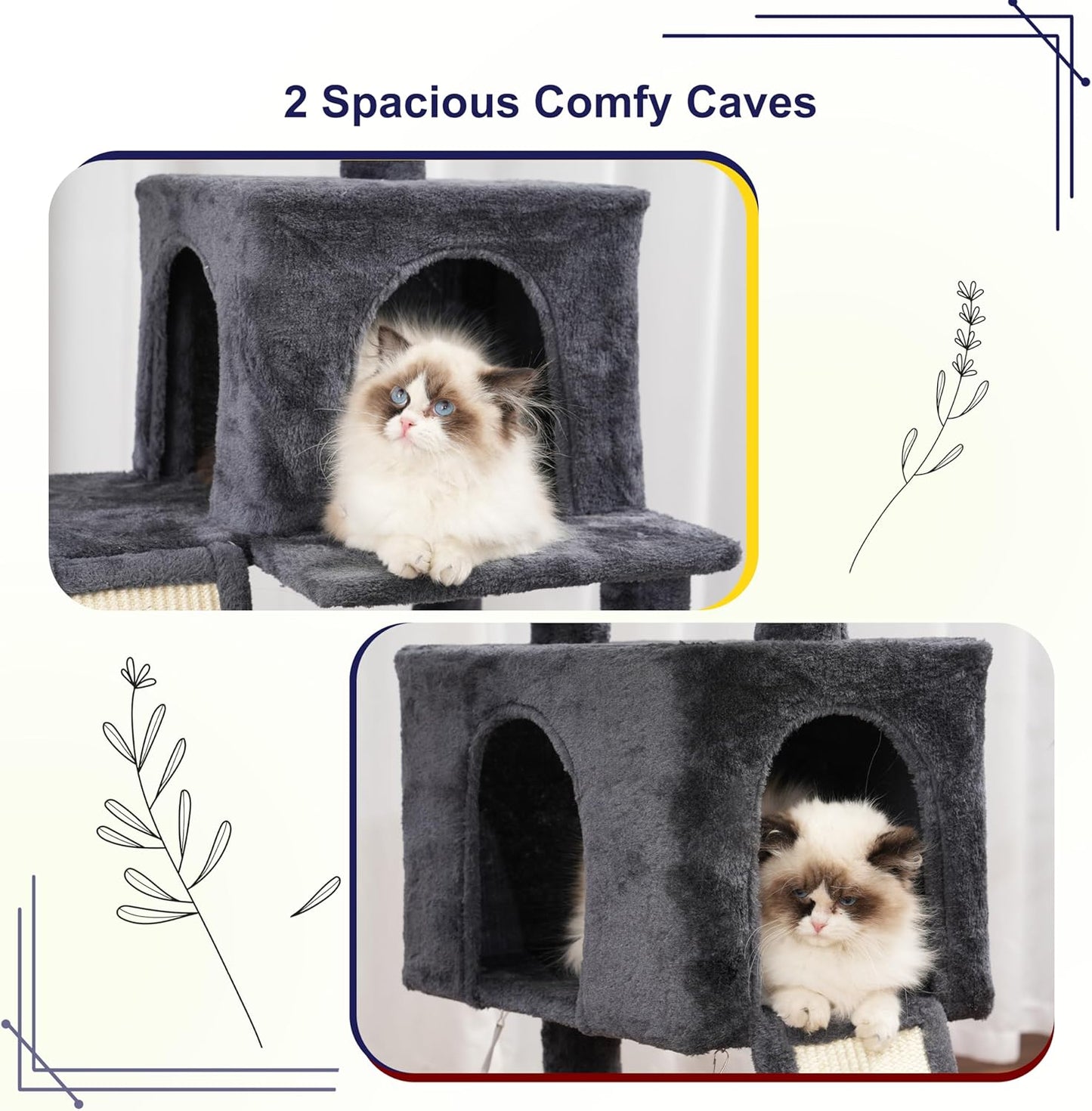 Cat Tree for Indoor Cats, 71'' (180cm) Multi-Level Cat Tower for Large Adult, Sturdy Cat Tree House with 2 Scratching Boards 7 Posts, 2 Plush Perches/Condos, Hammock, Smoky Gray GCT032G