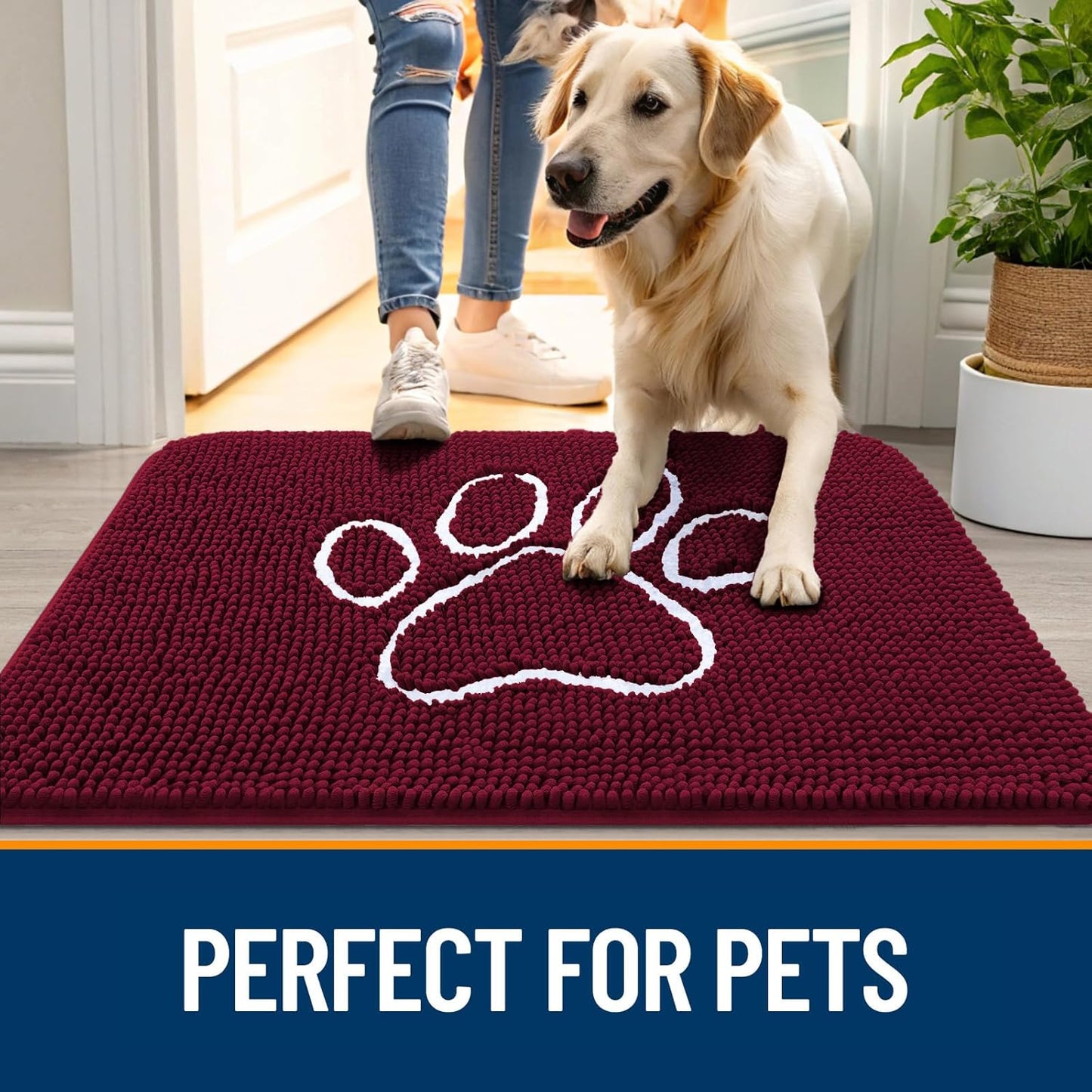 OLANLY Door Mat for Muddy Dog Paws 47x32, Ultra Absorbent Chenille Mud Doormat with Paw Print Design, Non-Slip Washable Doormat for Indoor Entryway, Quick-Dry Pet Bed Mats for Dirty Dogs, Burgundy