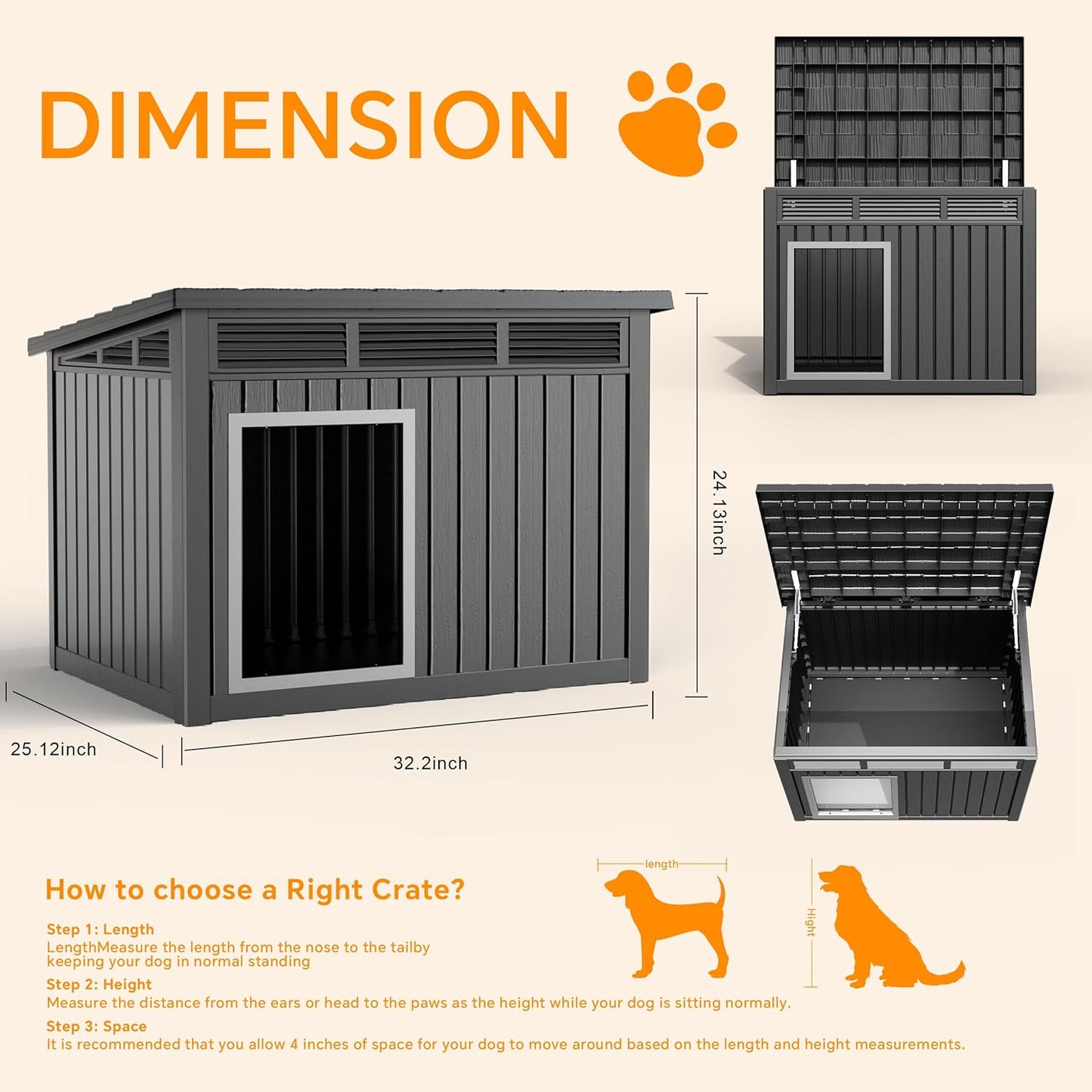 Dog House Indoor Outdoor,Resin Waterproof Puppy Shelter with Air Vents and Elevated Floor,Air Rod on Top to Open,Dog Kennel for Small to Medium Dogs(Black,32.2 * 25.12 * 24.13)