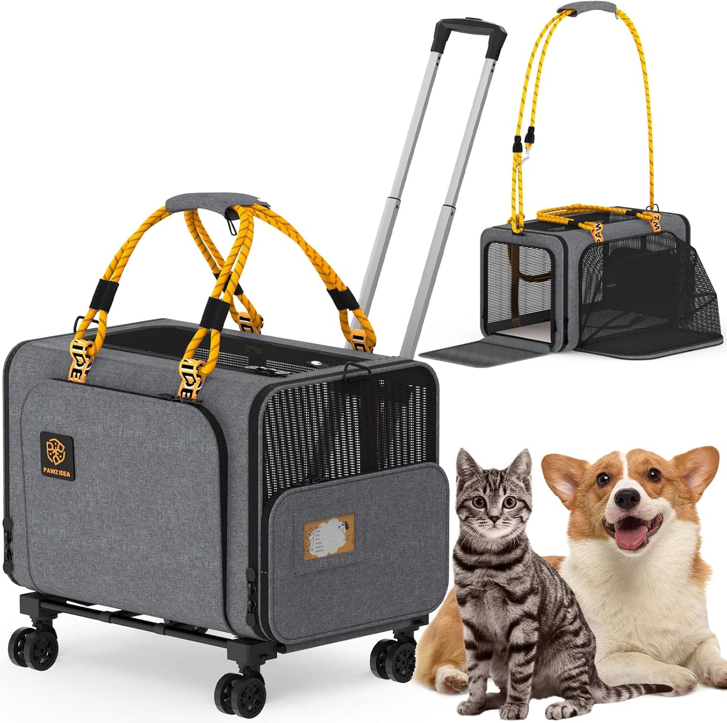 PAWZIDEA Expandable Pet Carrier with Wheels, 24x16x16in Large Cat Carrier for 2 Cats, Soft-Sided Dog Carriers for Small Medium Dog, Collapsible Rolling Travel Bag w/Telescopic Handle, Shoulder Straps