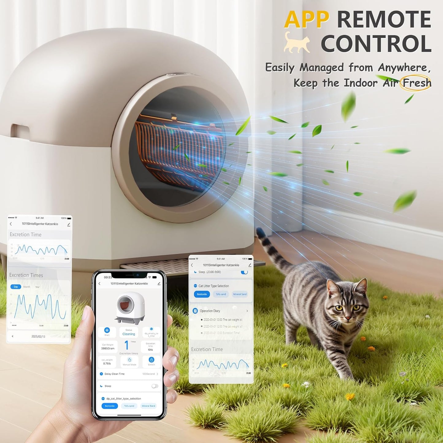 WARCAT Self Cleaning Litter Box Automatic, 90 L Automatic Cat Litter Box for Multiple Cats APP-Controlled with Smart Sensors, Safety Protection,Mat,1 Roll Garbage Bag (Brown)