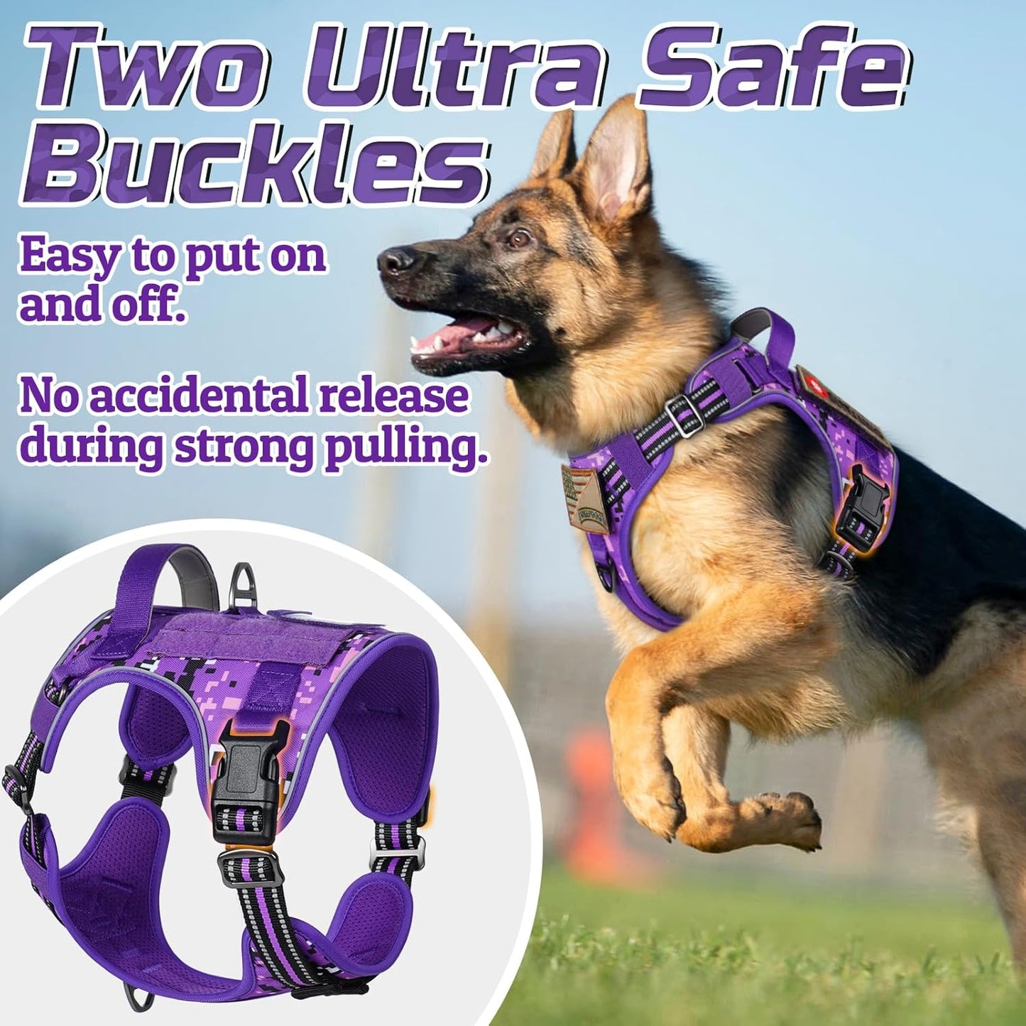 rabbitgoo Tactical Dog Harness for Large Dogs, No Pull Military Service Vest with Handle & Molle, Easy Control for Training Walking, Adjustable Reflective Straps, Purple Camo, L