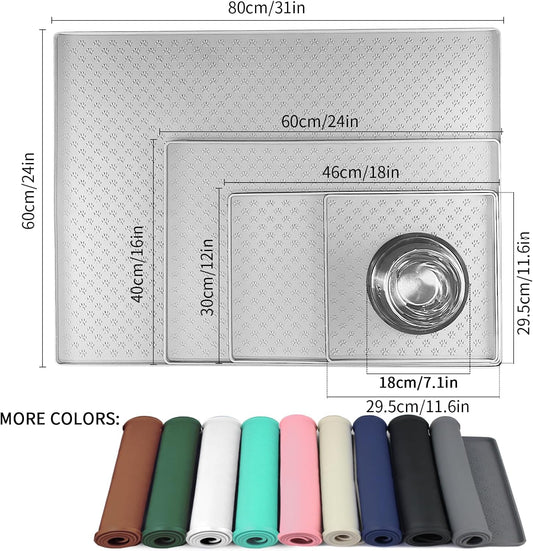 Ptlom Dog Food Mat Anti-Slip Bowl Mats for Food and Water, Waterproof Silicone Pet Placemat with High Raised Edges, Non-Slip Puppy Feeding Tray for Small, Medium Large Cats Dogs, Gray, 11.8"x11.8"