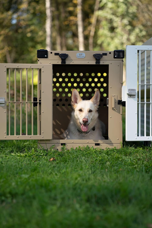 Heavy Duty Fully Collapsible Powder-Coated Aluminum Dog Crate - Medium (Tan)