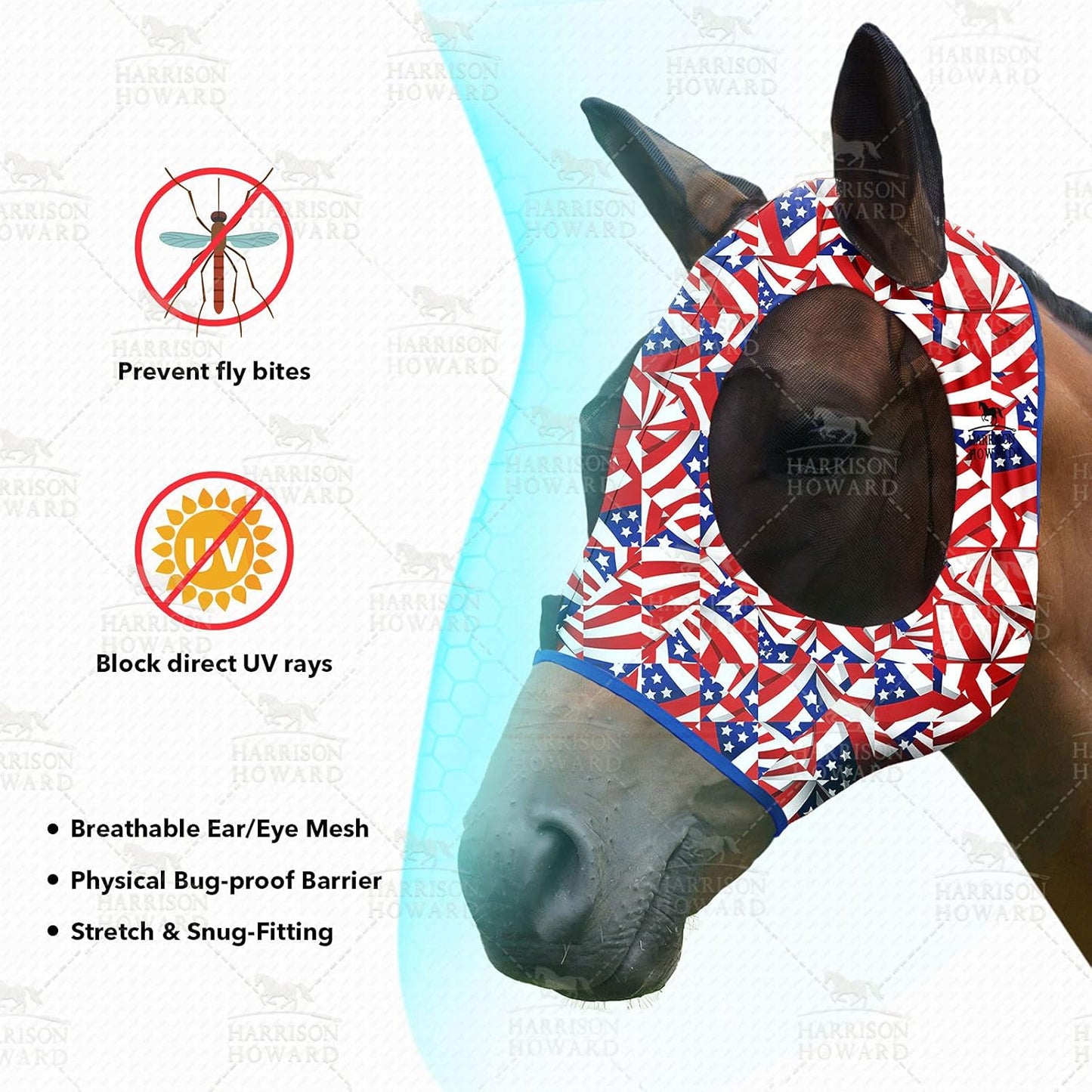 Harrison Howard Super Comfort Stretchy Fly Mask Large Eye Space with UV Protection Soft on Skin with Breathability Flag Grid M