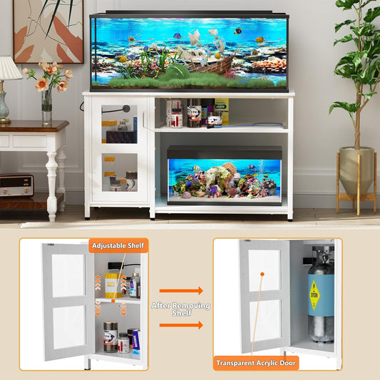 55-75 Gallon Fish Tank Stand with Cabinet, Aquarium Stand for Fish Tank Accessories Storage, Heavy Duty Metal Terrarium Stand, 52" L*19" W Tabletop, 1200LBS Capacity, White