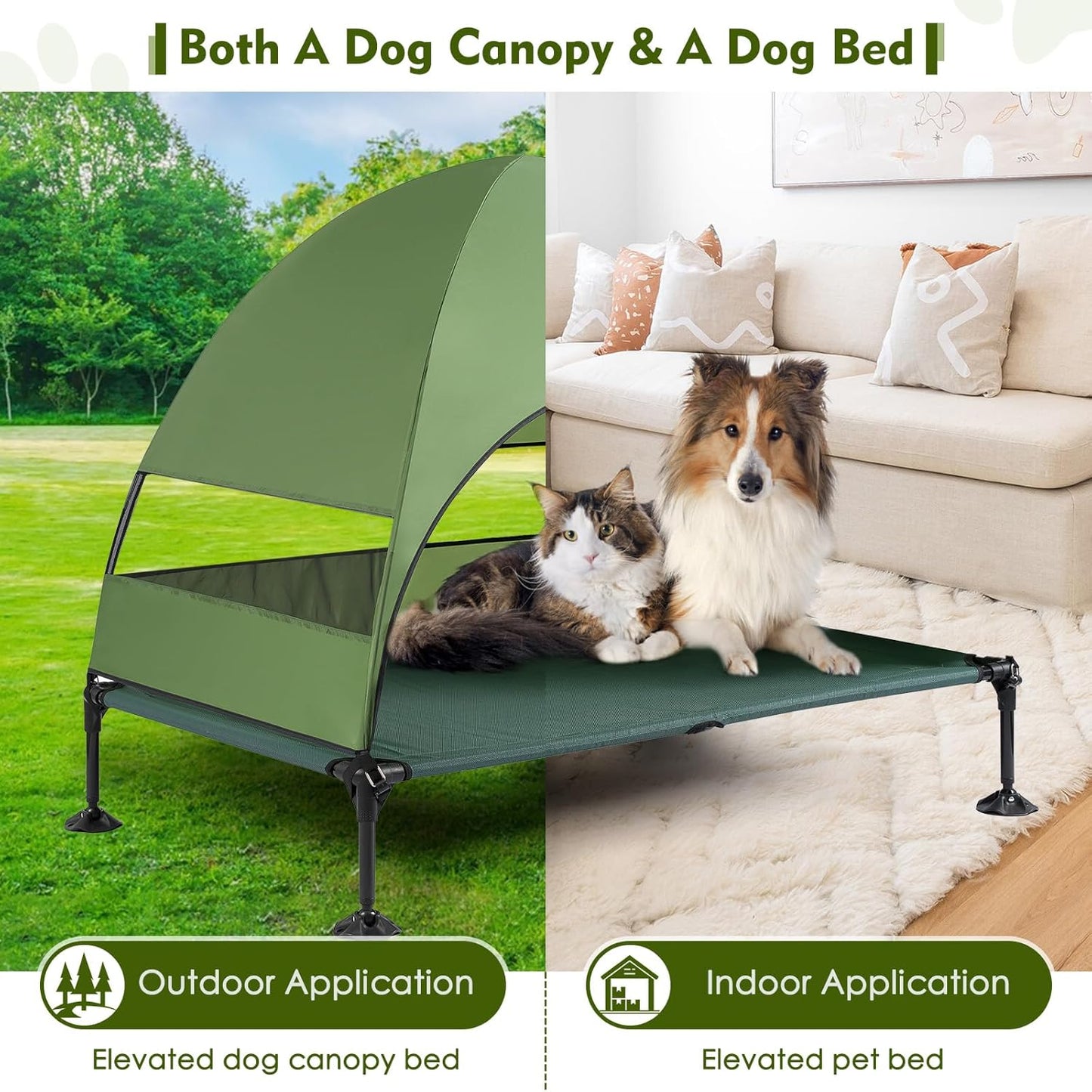 Upgraded Elevated Dog Bed with Canopy, Portable Raised Outdoor Dog Bed with Stable Anti-Slip Feet, Removable Wider Shade, Raised Dogs Cot for Large Pets Camping, Indoor & Outdoor Use