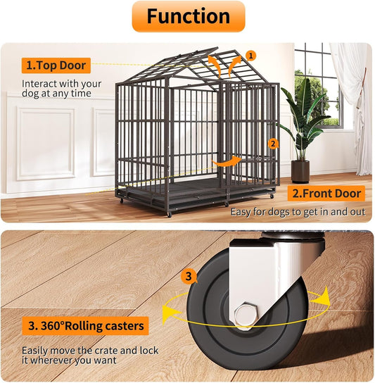 54 in Heavy Duty Indestructible Dog Crate Steel Escape Proof, High Anxiety Cage with Wheels, Removable Tray, Extra Large Dog Kennel XL XXL