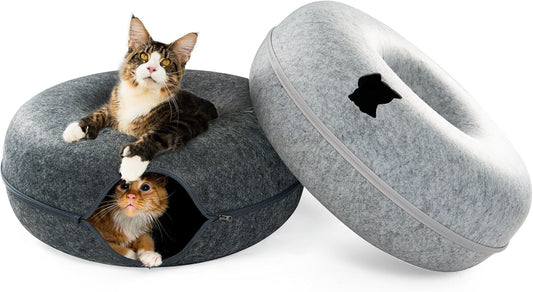 Cattasaurus Peekaboo Cat Cave, Extra Spacious for Multiple & Large Cats 12+ lbs, Scratch Detachable Beds for Indoor Cats, Washable Tunnel Bed, Comfy Cat Donut Tunnel (Light Gray+Dark Gray, Jumbo)