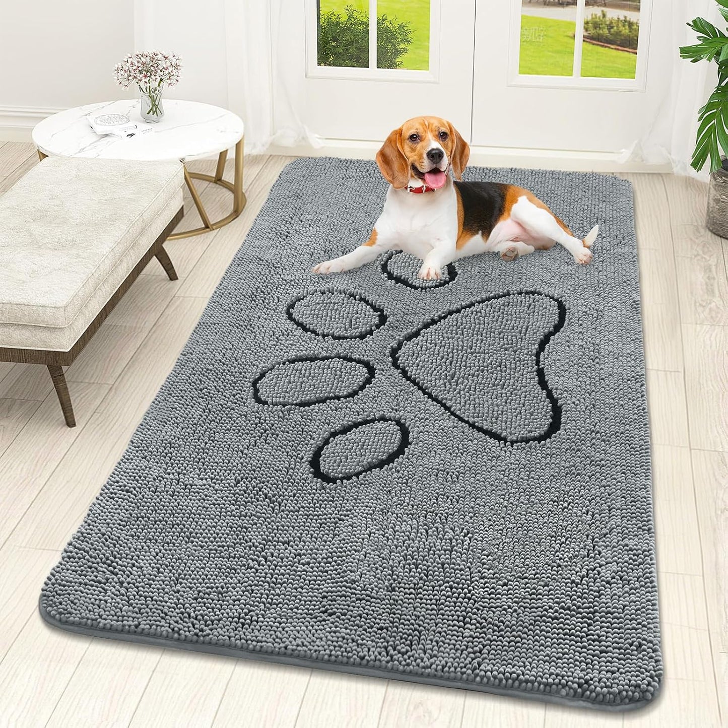 OLANLY Door Mat for Muddy Dog Paws 59x32, Ultra Absorbent Chenille Mud Doormat with Paw Print Design, Non-Slip Washable Doormat for Indoor Entryway, Quick-Dry Pet Bed Mats for Dirty Dogs, Grey