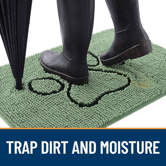 OLANLY Door Mat for Muddy Dog Paws 36x24, Absorbent Chenille Doormat with Paw Print Design, Non-Slip Washable Doormat for Indoor Entryway, Quick-Dry Pet Bed Mats for Dirty Dogs, Olive Green and Black