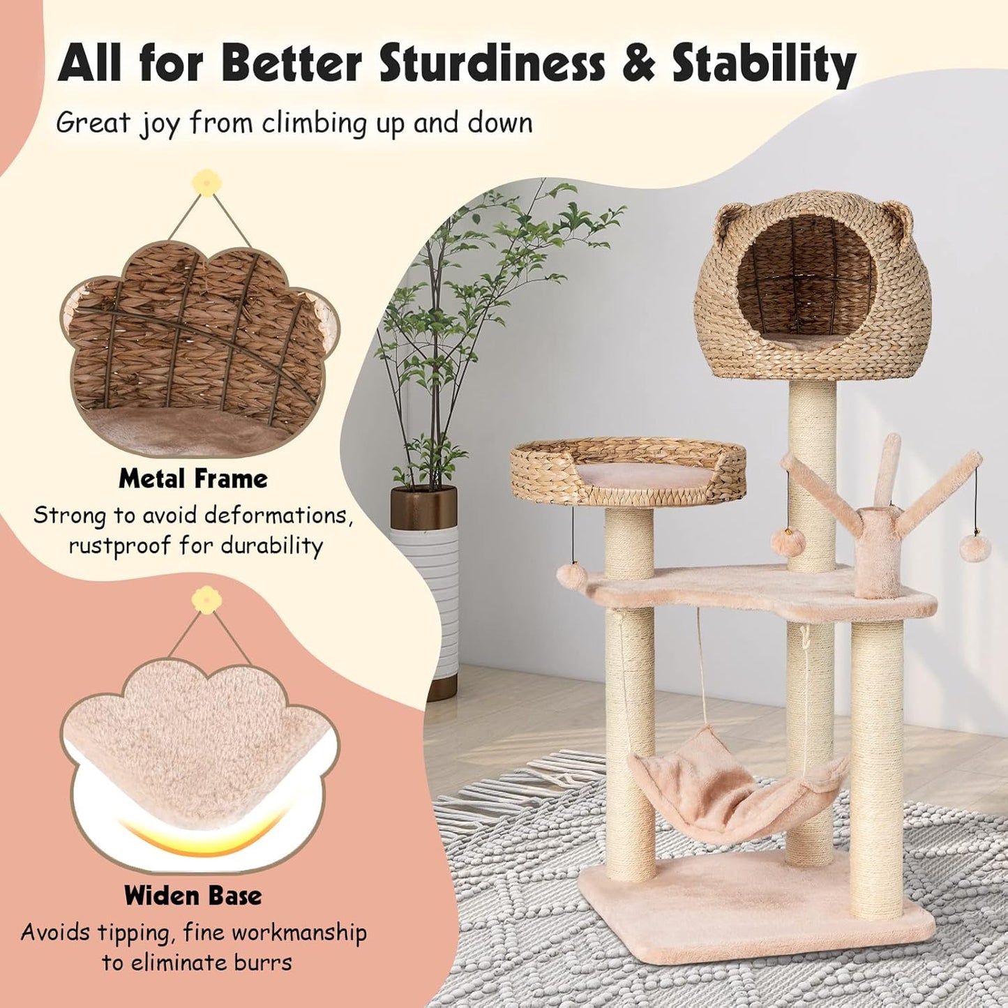 PETSITE Woven Cat Tree, Modern Cat Tower with Hammock & Scratching Posts, Cattail Condo & Top Perch, Cat Activity Tree for Indoor Cats