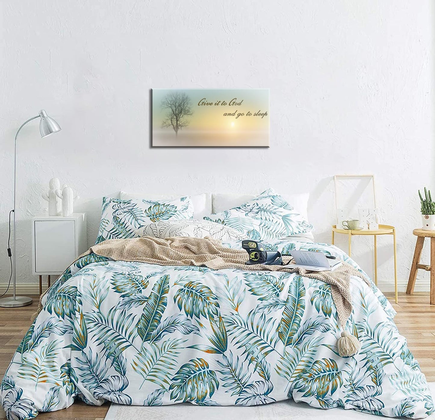 Lasdel Canvas Wall Art of Misty Sunset & Tree Plant Picture For Bedroom Home Above Bed, White Country Wood Sign For Bathroom, Give It To God & Go to Sleep Artwork Decor, Inner Frame 20x40 Inches