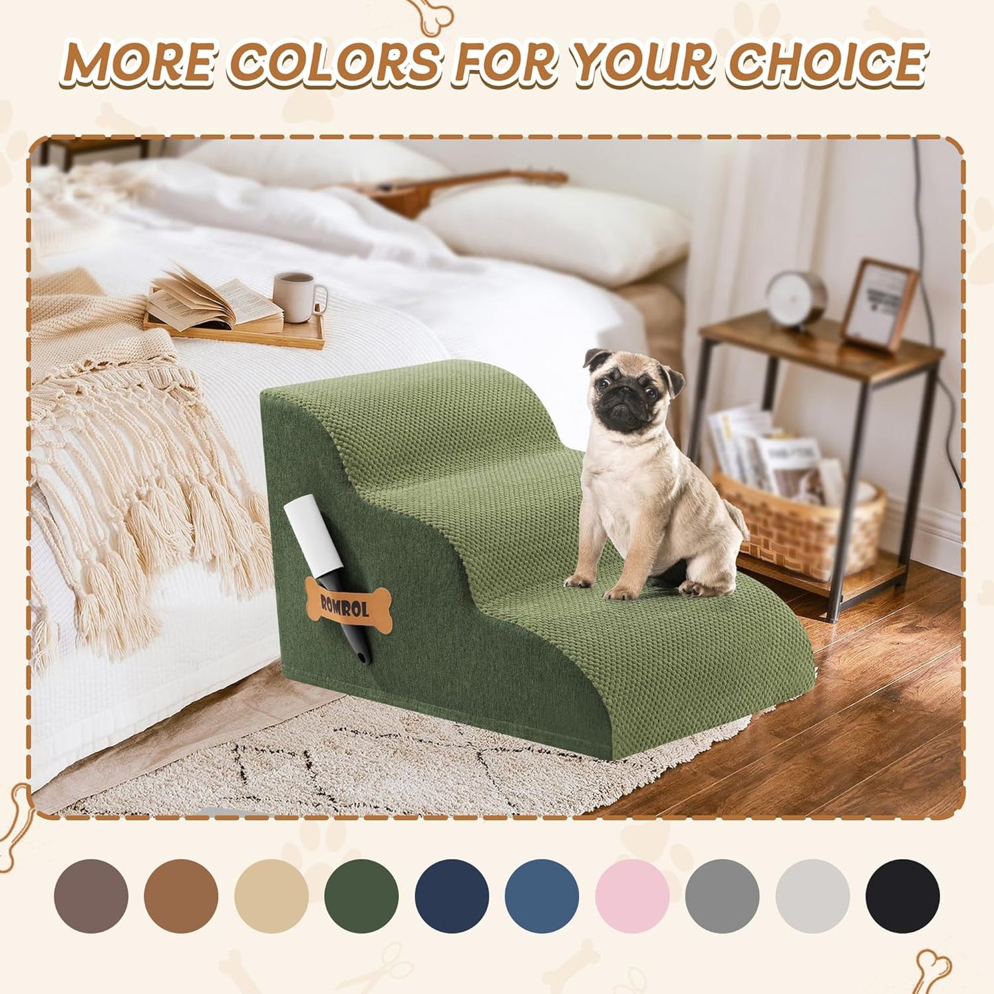 Romrol Dog Stairs Ramp for High Beds Couches, High Density Foam Pet Steps with Durable Non-Slip Waterproof Fabric Cover, Dog Stairs for Small Dogs or Cats or Pets, 3-Step,15 Inch,Green