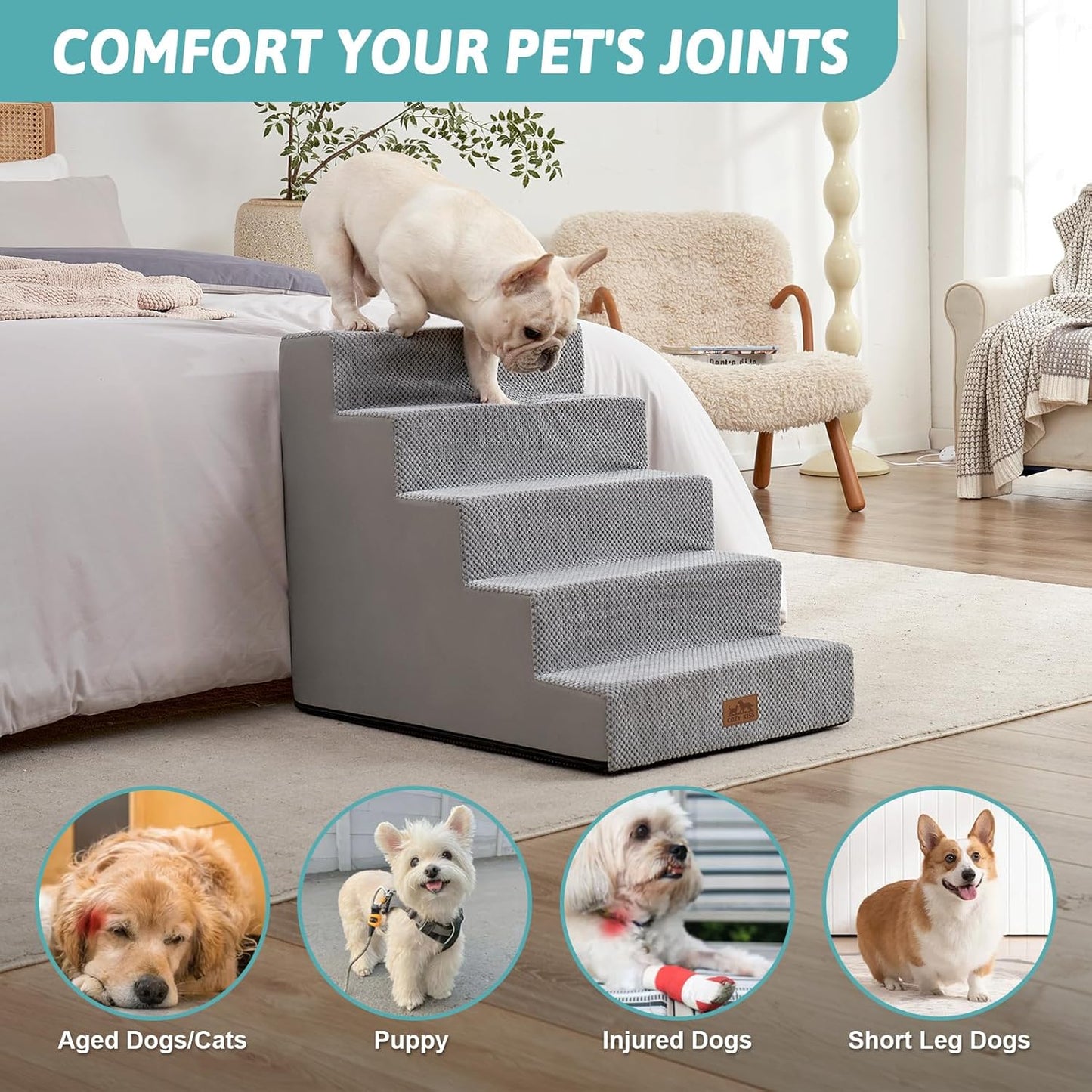 Dog Stairs for Small Dogs, 5 Tier Wider Pet Stairs for High Beds, 23.6" H Non-Slip Dog Steps for Old Cats, Puppies, Small Medium Dogs, 29.5x19.7x23.6 inch, Grey