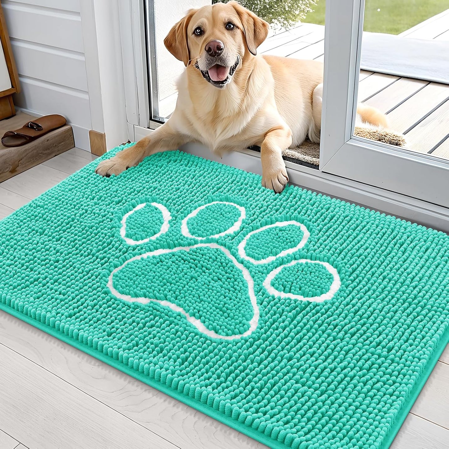 OLANLY Door Mat for Muddy Dog Paws 36x24, Ultra Absorbent Chenille Mud Doormat with Paw Print Design, Non-Slip Washable Doormat for Indoor Entryway, Quick-Dry Pet Bed Mats for Dirty Dogs, Teal