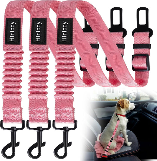 Thickened Dog Seat Belt for Car, 3 Pack Set Retractable Dog Car Adjustable Seatbelts for Vehicle Nylon Pet Safety Heavy Duty & Elastic & Durable Car Harness for Dogs, Light Pink