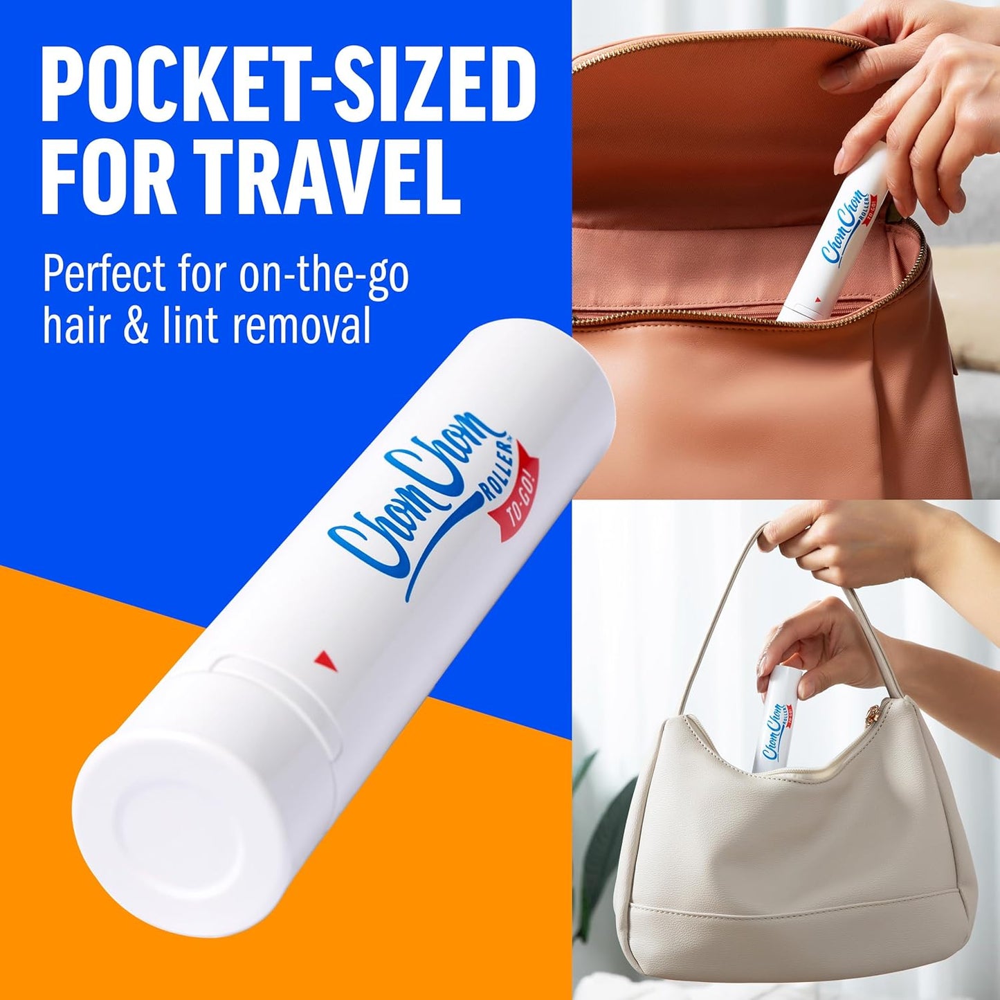 ChomChom Roller for Pet Hair - Reusable Lint Roller Pet Hair Removal Tool for Clothes, Couches, Cars and Travel - Cat Dog Hair Remover, Compact, No Sticky Refills Needed (Travel Togo)