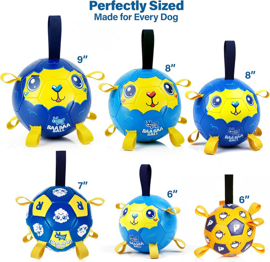 Race&Herd 7" Jolly Soccer Ball for Dogs - Tough Durable Dog Ball Toy with Straps, Pet Bouncy Herding Balls for Dogs, Floating Dog Balls with Tags for Water Fetch (BaaBaaBall, Soccer Sheep)