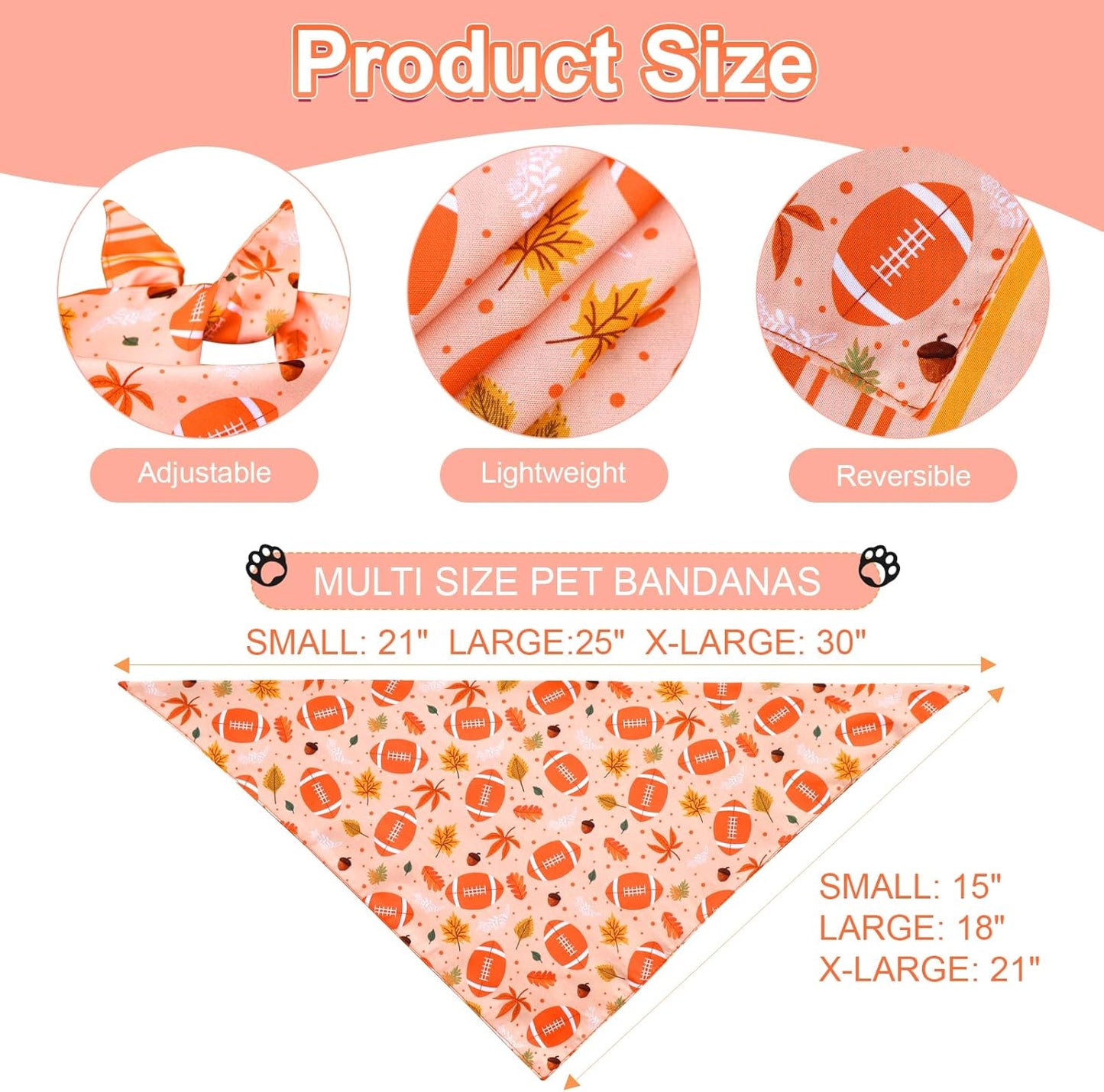 Thanksgiving Dog Bandanas Large 3PCS, 6 Pattern Fall Scarf for Boy and Girl, Pumpkin Leaves Rugby Triangle Reversible Bibs Breed for Puppy Pets