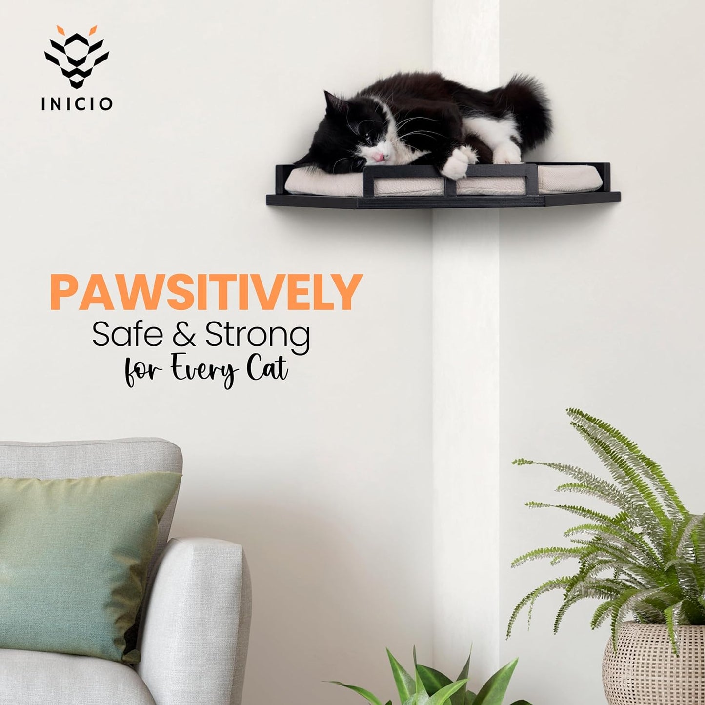 INICIO Cat Wall Shelves - Modern and Durable 3 Step Cat Furniture for Wall - Stylish Birch Floating Shelf for Cats up to 15lbs - Wooden Corner Shelves with Cushioned Perch - Black
