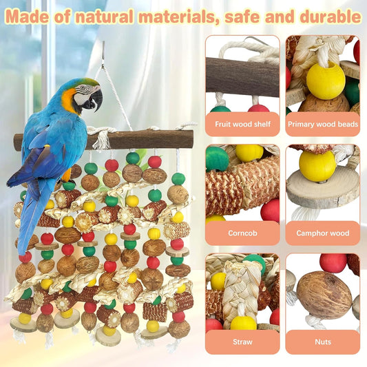 PINVNBY Large Parrot Toys Natural Nuts Corn Cob Wooden Chewing Tearing Toy for African Grey Macaws Amazon Cockatoos Eclectus Conures Cockatiels Cockatoo and Large Medium Parrot Birds (Colorful)