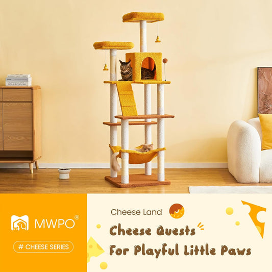 MWPO Cat Tree, 70.1-Inch Tall Cat Tower for Indoor Cats Large Adult, Multi-Level Cat Condo with 5 Scratching Posts, 2 Padded Perches, Hammock, Dangling Toys, Yellow