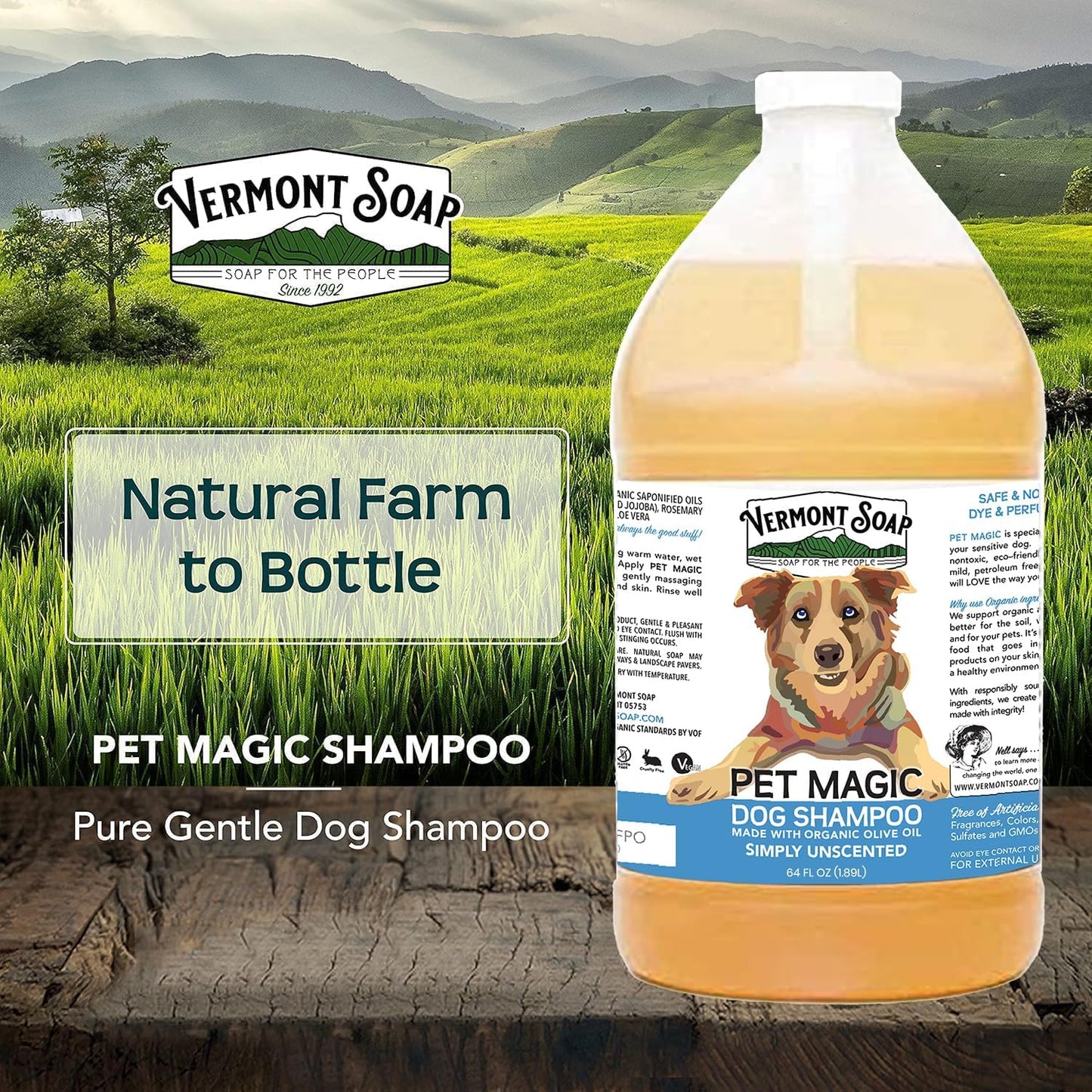 VERMONT SOAP Organics Pet Shampoo - Infused with Organic & Natural Olive Oil, Coconut & Aloe Vera Dog Shampoo for Sensitive Skin - USDA Certified Grooming, Unscented (64oz)