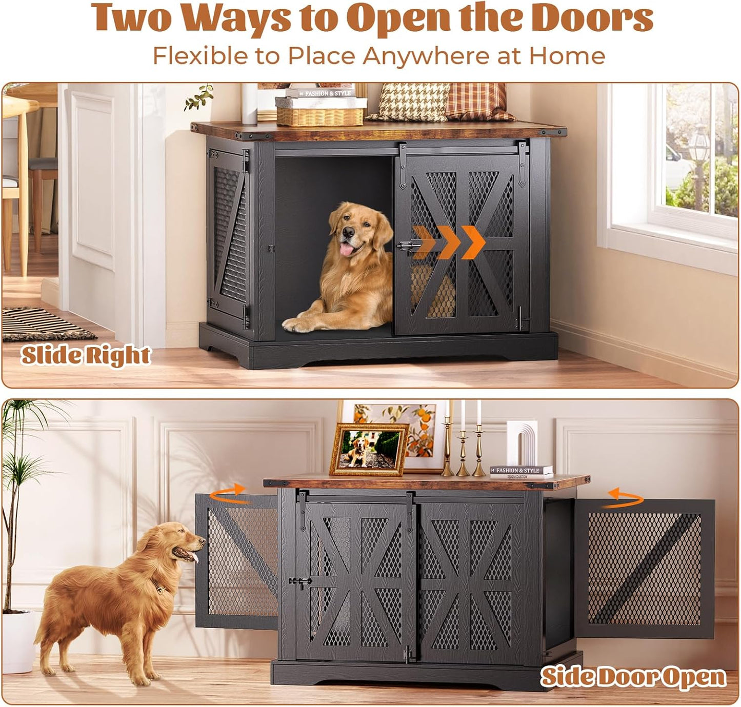 VOPEAK 40" Farmhouse Dog Crate Furniture, Heavy Duty Dog Cage for Medium Large Dogs, Dog Crate Dog Kennel Indoor with Double Doors, Chew Resistant End Table for Bedroom Living Room, Black