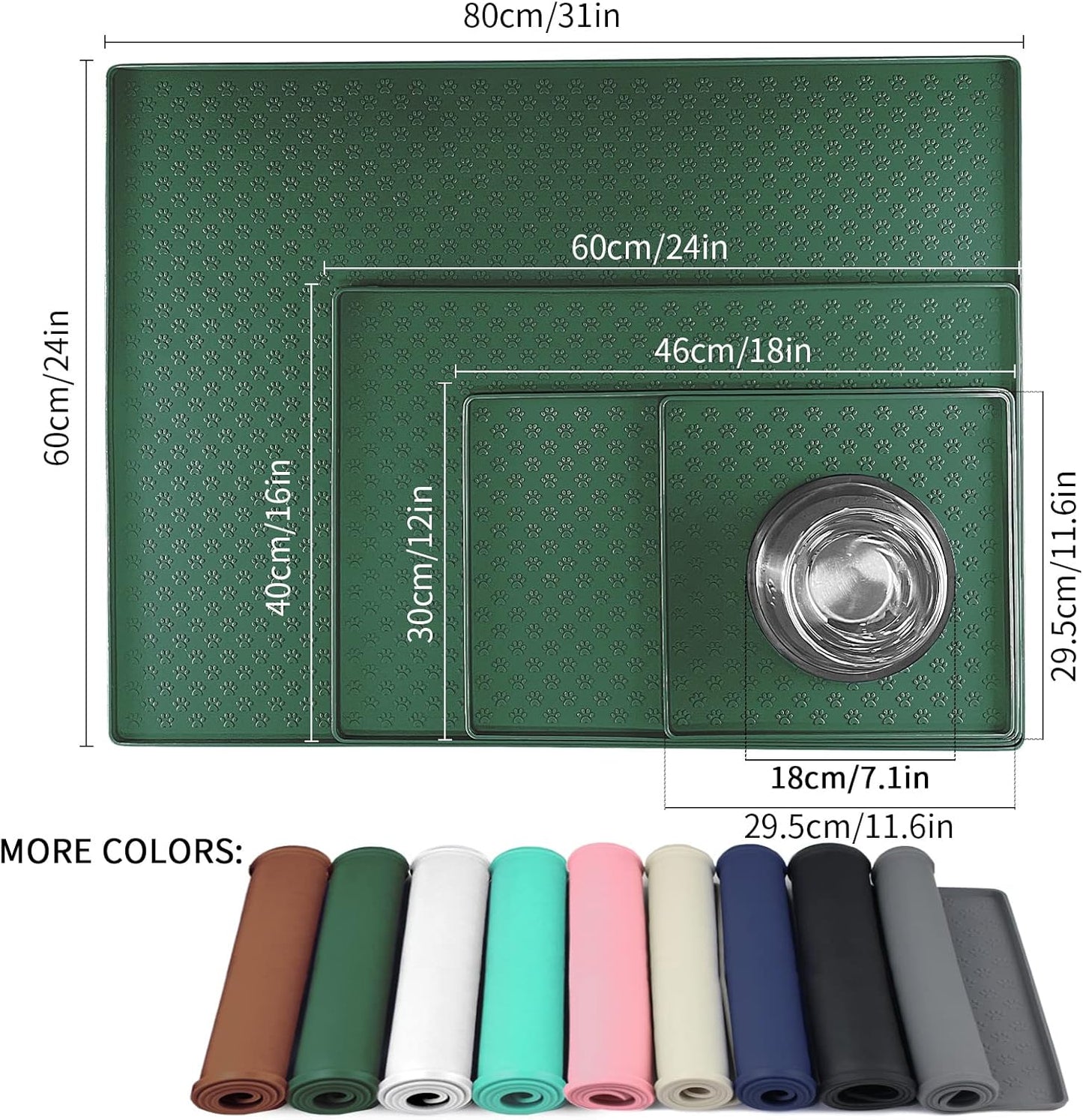 Ptlom Pet Placemat for Dog and Cat, Waterproof Silicone Pet Feeding Bowl Mats for Food and Water, Small Medium Large Dogs Mat Prevent Residues from Spilling to Floor, Hunter Green, 24.5" 16.5"