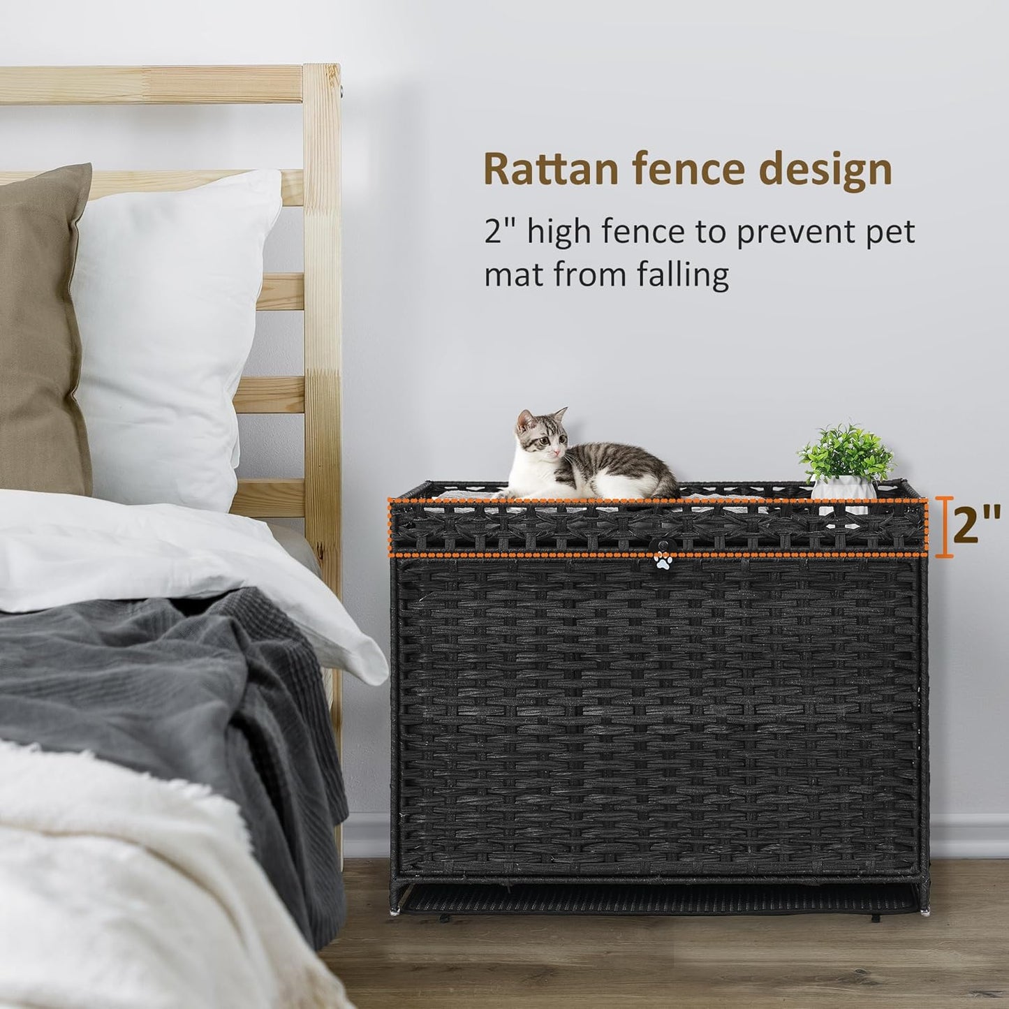 Cat Litter Box Enclosure with Soft Litter Mat; Hidden Cat Washroom Furniture with Door; Handwoven Rattan Cat House with Large Space; Pet Crate for Living Room, Bedroom, Balcony (Black)