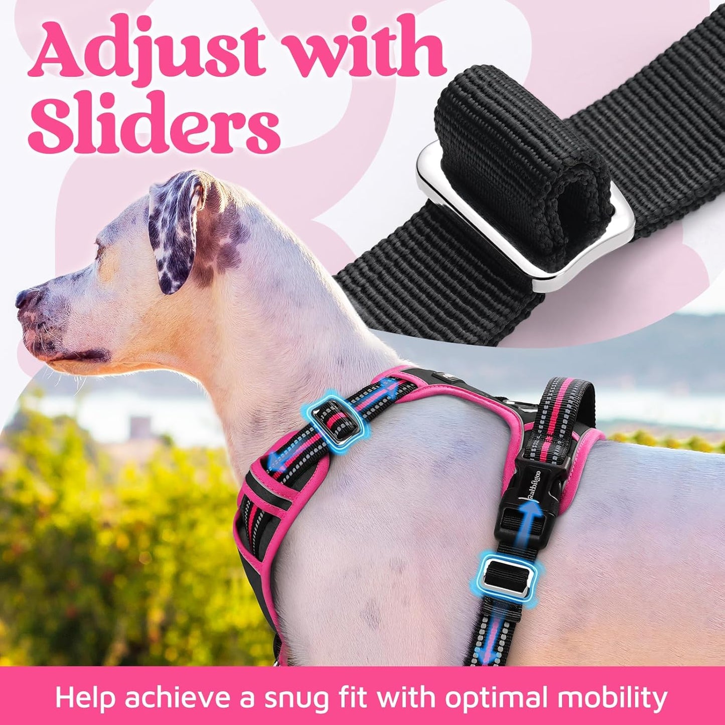 rabbitgoo Dog Harness for Large Dogs, No Pull Pet Vest with 3 Buckles, Adjustable Soft Padded Pet Harness with Easy Control Handle and Reflective Strips, Black & Rose Pink, L