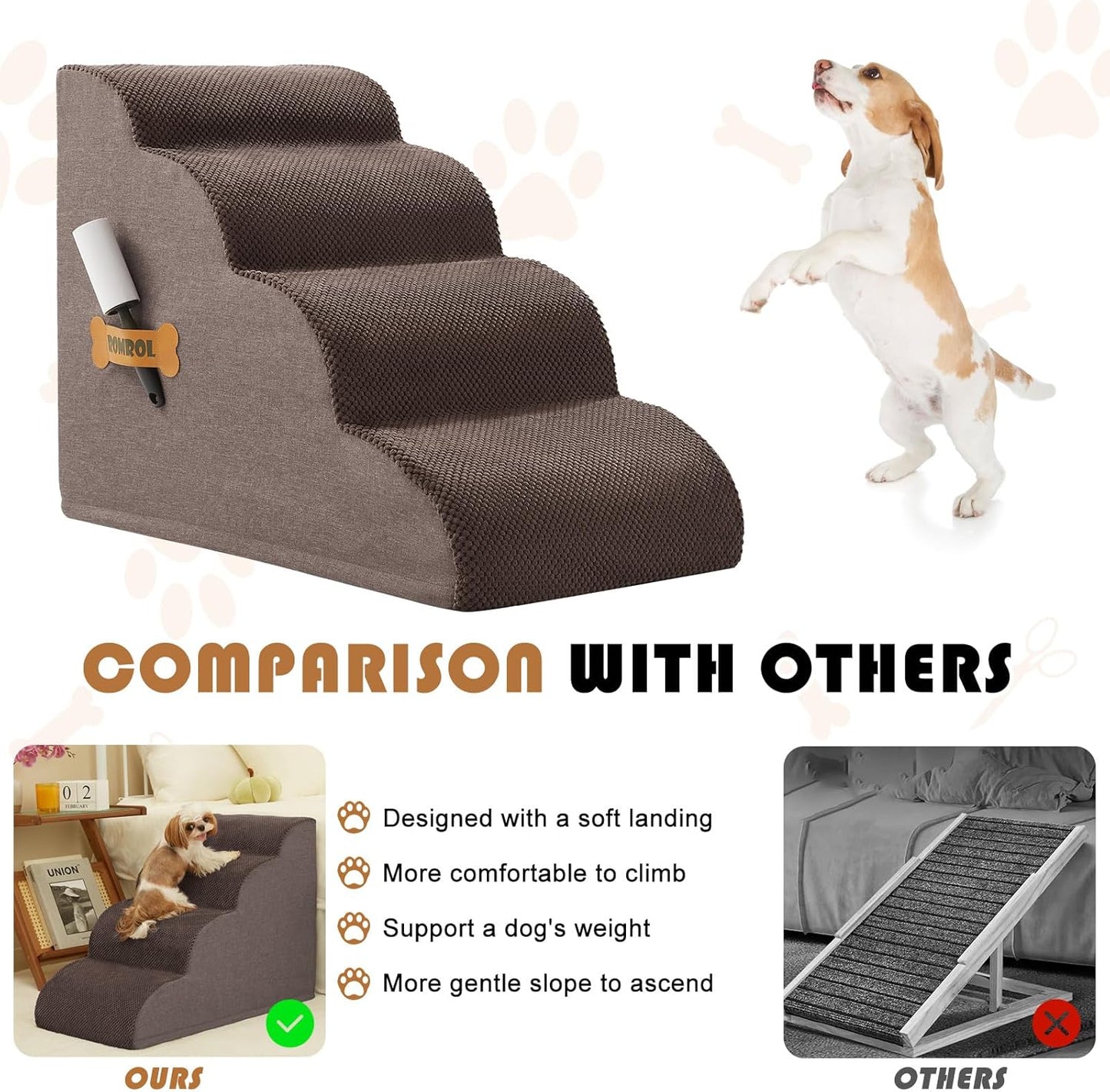 ROMROL Dog Stairs, Romrol Dog Steps Ramp for High Bed and Couch, Dog Ramp with Durable Non-Slip Waterproof Fabric Cover, Pet Stairs for Small Dogs and Cats or Pets Joints, 4-Tiers,Coffee