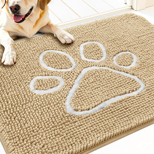 OLANLY Door Mat for Muddy Dog Paws 30x20, Ultra Absorbent Chenille Mud Doormat with Paw Print Design, Non-Slip Washable Doormat for Indoor Entryway, Quick-Dry Pet Bed Mats for Dirty Dogs, Beige
