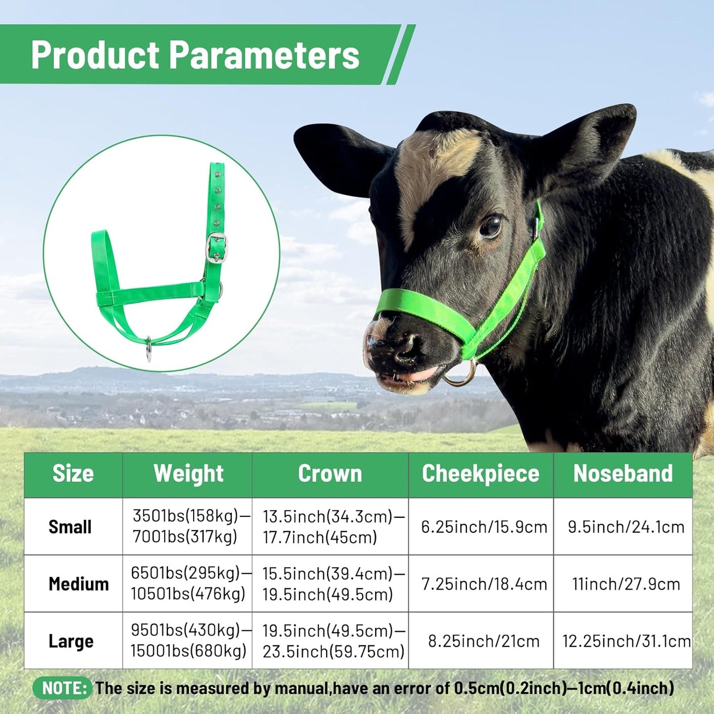 XUANNIAO Easily Adjustable Figure 8 Cow Halter, Double-Ply Premium Livestock Cattle Halters, Colorful Cow Utility Calf Halter with Leading Rope for Miniature Horse Donkey Goat Foal (Large, Green)