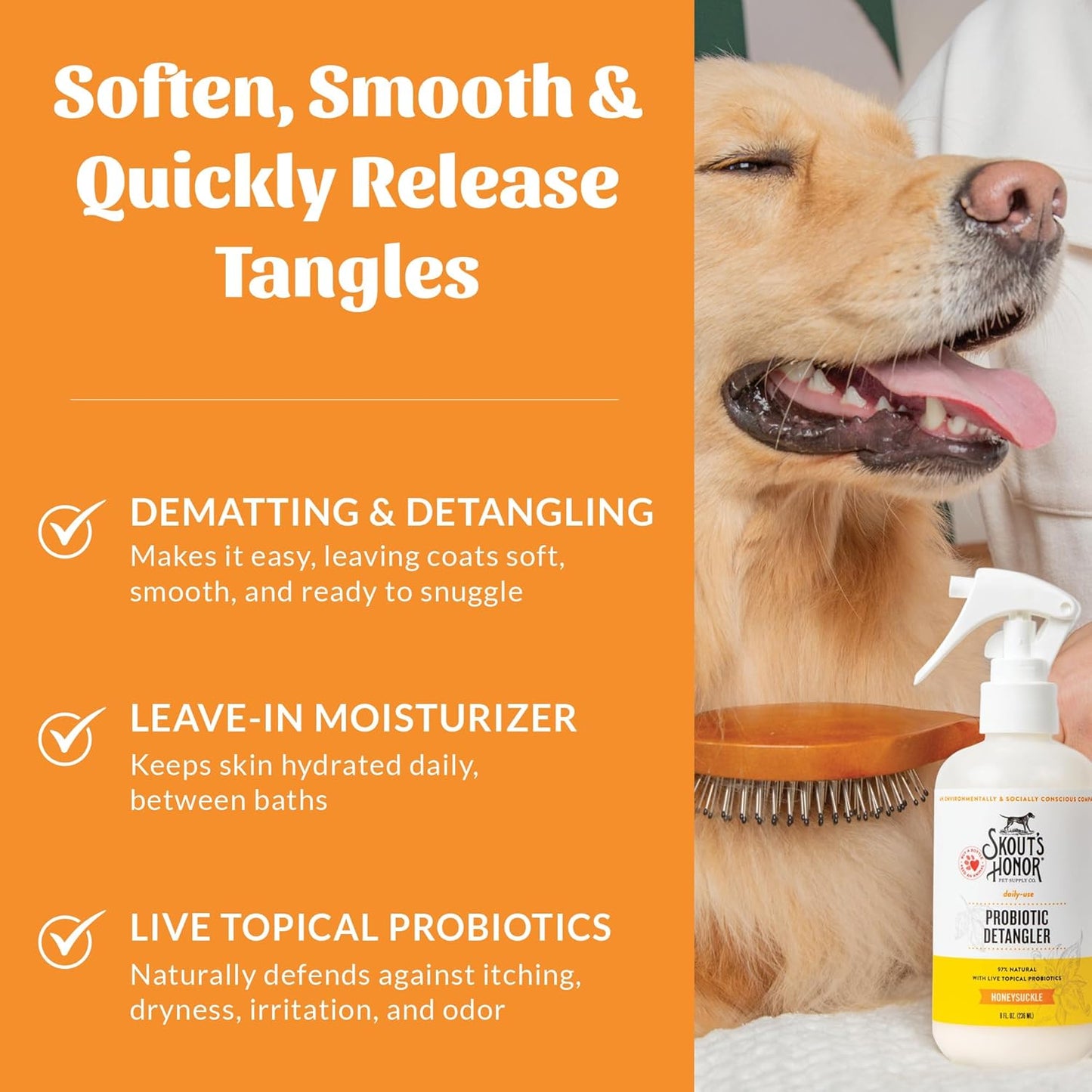 Skout's Honor Probiotic Pet Detangler Spray - Hydrating & Conditioning w/Avocado Oil, 97% Natural, Paraben & Sulfate-Free, softens for a More brushable Coat, Daily Use, 8oz, Honeysuckle, 2-Pack