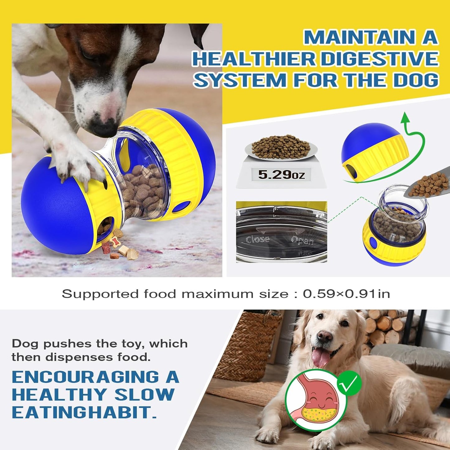 Dog Treat Dispensing Puzzle Toy Adjustable Food Dispenser Slow Feeder Puppy Enrichment Training Rolling Ball Pet Interactive Chase Toys for Small Medium Large Dogs to Keep Them Busy